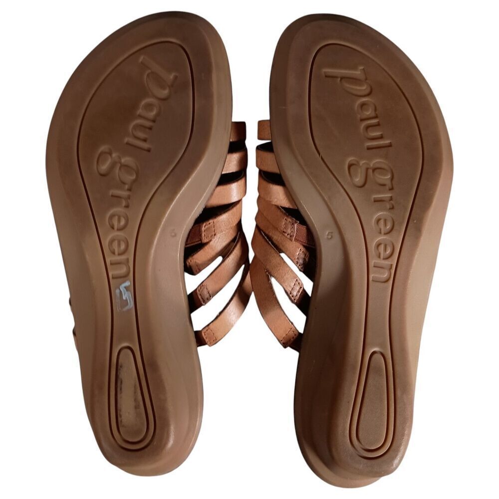 Paul Green Tan Leather Strappy Thong Sandal Low Wedge Womens 7.5 - Picture 10 of 11